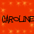 Red background with orange star patterns and repeated black text reading "CAROLINE CAROLINE" in two horizontal