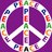 A static pixelated peace symbol with a purple background, white outline, and multicolored letters spelling 'PEACE' around the perimeter.