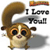 Pixelated cartoon animal with large eyes and a speech bubble saying "I Love You!!" on white background.
