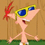 Animated cartoon character with pink skin, large nose, and red hair in various scenes including sunglasses, close-up face, and chariot ride.