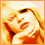 Pixelated close-up of a person with light hair, hand near face, in warm orange-yellow tones across two