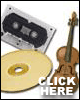 A vertical stack of four showing music-related icons with text overlays, featuring a cassette tape, CD, and violin