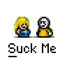Animated contact sheet of 15 pixel art frames showing a blonde character and skeleton figure interacting with text "Suck Me" below each frame.
