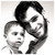 Two pixelated human figures in grayscale, one standing behind the other with arms around their shoulders.