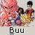 Pixelated image of a pink-skinned character with closed eyes and a wide grin, holding a colorful object, with black text reading 'Buu' below.