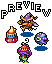 Pixel art preview image showing four distinct characters and objects on a gray background with 'PREVIEW' text above.