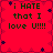 Red background with dark purple star-like shapes and green text reading 'i HATE that I love U!!!!' in four identical quadrants.