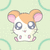 Pixelated cartoon hamster with orange-brown top of head, white face, pink inner ears, large blue eyes, and small pink feet on light green background with faint teal lines.