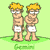 Two identical pixelated figures with blonde hair and white shorts stand on green grass against a light green background, showing sequential facial expression changes.