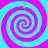 Four identical spiral patterns arranged in a on a cyan background, each with pink and light blue concentric spirals and a small green 'I' at the top center of each spiral