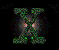 Animated green X-shaped figure with metallic texture rotates through multiple angles against dark background with red glow.