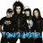 Five pixelated figures in black attire stand closely together with a blue horizontal band across the lower portion of the image.