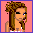 Pixel art of a female character with brown braided hair and blue eyes, wearing a white strap top, against a pink background with three showing different body parts