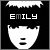 Pixelated black-and-white icon with 'EMILY' text above a stylized face showing varying mouth and hair pixel patterns across frames.