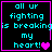 Pixelated cyan text reads 'all ur fighting is breaking my heart!' with a pink heart symbol on a black background, framed by a pink border.