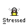 Animated contact sheet of a pixel art character in yellow outfit with multiple stressed expressions and poses across 21 frames, including raised arms, clenched fists, and text overlays.