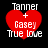 Four identical pixelated red heart icons with white text reading "Tanner + Casey True Love" on black background, each showing slight variation in heart size and text clarity.