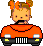 Pixel art of a character with orange hair in twin buns, wearing an orange top and black collar, seated inside an orange vehicle with white headlights.