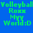 Green pixelated text on blue background with four identical showing Volleyball, Roxx, Myy, World:D in a