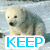A polar bear cub sits on snow with text overlays reading "KEEP ME WARM!" in blue pixelated letters across four