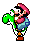 Pixel art of a character with pink cap, blue shirt, green overalls, brown shoes holding a green dinosaur-like creature against gray background.