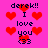 Pixelated pink background with red hearts and text reading 'derek!! I love you <33' in dark blue, showing animation changes between frames.