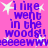 Pixelated text on a pink background with white stars, repeating 'i like went in the woods!!' and 'eeeeewww' in blue letters.