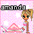 Pixel art icon with pink background, black text 'amanda', and a cartoon character in ponytail dress.
