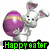 Animated bunny holding a purple egg with green text reading 'Happy easter' and orange text reading 'a ball'.