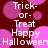 Pixelated Halloween-themed icon with repeating text and pink circles on dark red background.