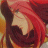 Pixelated image of a figure with long red hair, dark clothing, and a light-colored face against a warm-toned background.