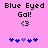 Pixelated text 'Blue Eyed Gal!' and '<3' on pink background with blue and purple heart symbols below.
