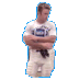A person in a white t-shirt and light pants shifts from crossed arms to extended arms against a gray background.