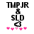 Pixelated black text "TMPJR & SLD" above a black arrow pointing left, with pink plus signs below, in two side-by-side frames showing animation.