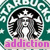 Starbucks logo with mermaid, coffee drinks, and 'addiction' text in various color schemes.