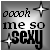 Pixel art contact sheet showing two frames of an animated icon featuring a cartoon woman in red and black attire with text overlay reading "ooook me so sexy" on the left frame.