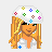 Animated contact sheet of a pixel-art doll character in various poses with colorful floral patterns, red hearts, and 'LV' text on a transparent background.