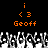 Two identical orange text-based icons with 'i', '< 3', and 'Geoff' above a pixelated crowd scene, displayed side-by-side on black background.