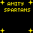 Yellow pixelated text 'AMITY SPARTANS' with plus signs on black background, arranged in two with scattered plus signs