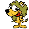 Animated cartoon lion with green mane and yellow body stands against gray background, mouth open showing red tongue.