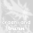 Animated sequence of 'crash and burn' text with changing color gradients over a white floral background, featuring small orange-yellow spark effects.