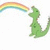 Green cartoon dinosaur stands under rainbow, with pink 'I <3' symbol and partial text 'my spouse' on white background.