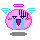 Pixelated pink circular icon with blue tears, red blush marks, and light blue wings; two versions show different wing positions.