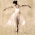 Pixelated static image of a figure in white dress with arms extended against beige background.