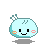 Pixelated light blue doll avatar with two antennae, black square eyes, and pink cheeks, shown in three expressions with Japanese text and varying headgear.