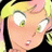 Pixelated anime-style character with blonde hair and green eyes, partially visible against black background with text elements.