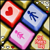 Pixelated of colored square buttons with heart, male, and female symbols, displaying 'Girl Meets Boy' text and animated heart icons
