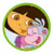 Pixelated circular icon featuring a cartoon character with brown hair and yellow skin, wearing pink clothing against a green border on white background.
