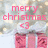 Pink 'merry christmas' text with heart symbol above three red gift boxes on a snowy background.