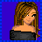 Pixel art contact sheet showing four frames of a female character in various poses with visible text elements on blue background.